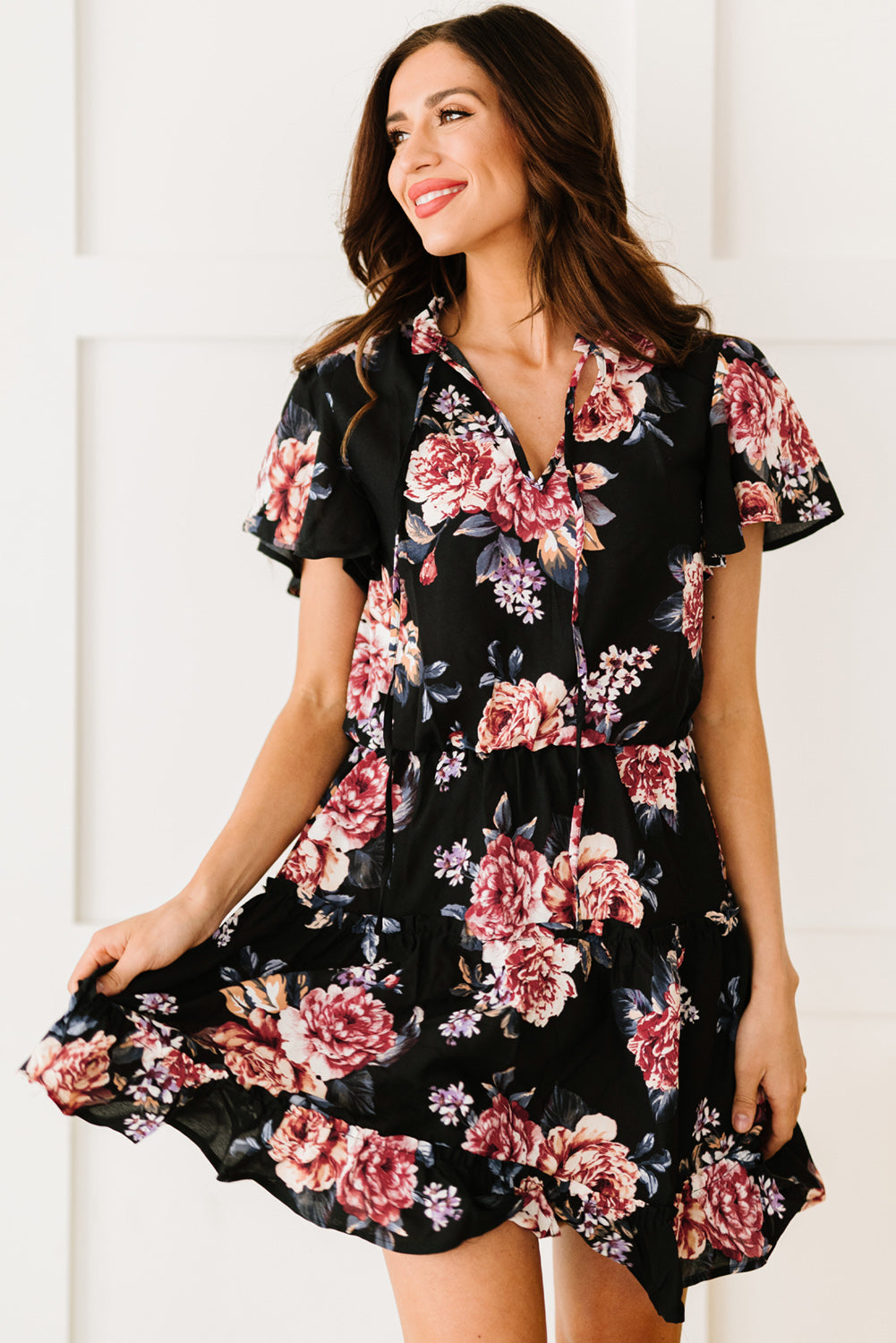 Udressshop Floral Print Split Neck Flutter Sleeve Flowy Tunic Mini Dress