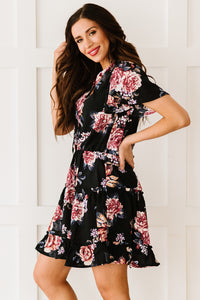 Udressshop Floral Print Split Neck Flutter Sleeve Flowy Tunic Mini Dress