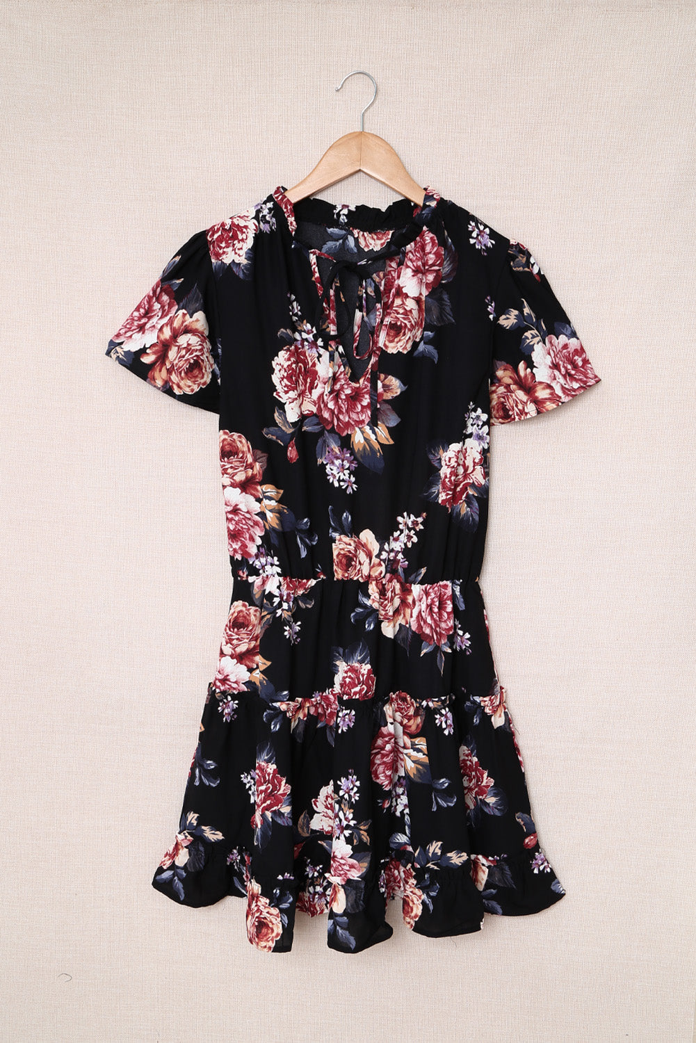 Udressshop Floral Print Split Neck Flutter Sleeve Flowy Tunic Mini Dress