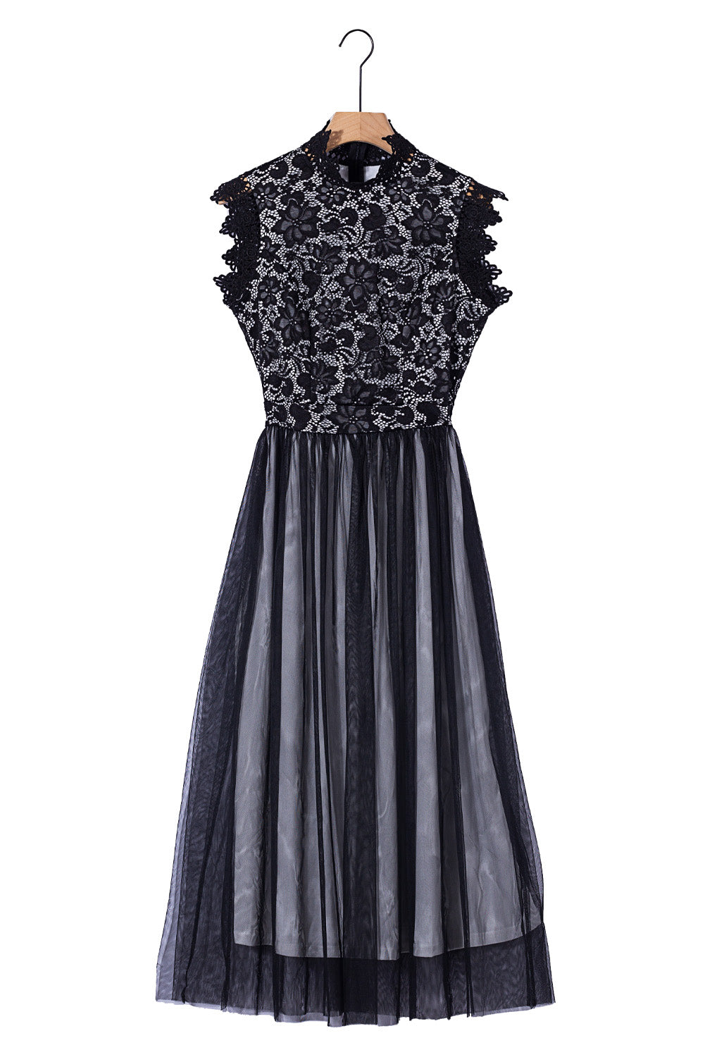 Udressshop Black High Neck Sleeveless Crochet Lace Mesh Lined Evening Dress