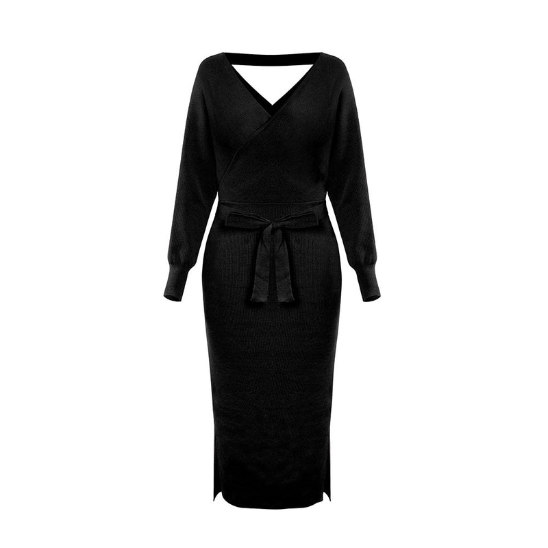 Knitted Dress Slim v Neck High Waist Women's Long Sleeve Winter Sweater Midi Dress