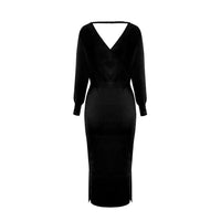 Knitted Dress Slim v Neck High Waist Women's Long Sleeve Winter Sweater Midi Dress