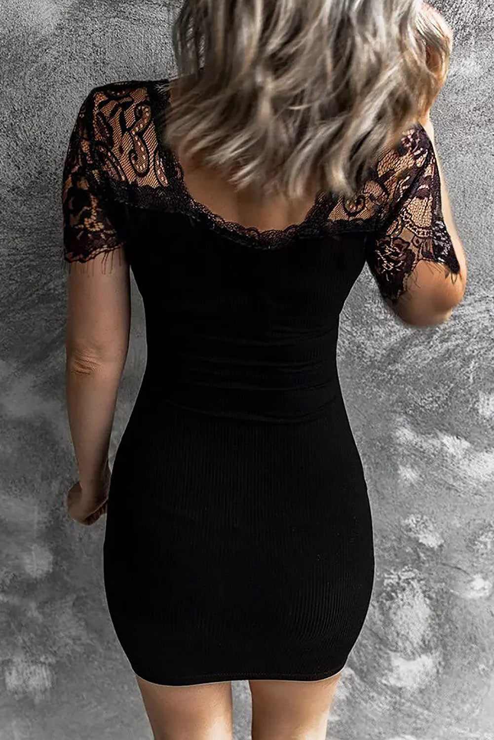 Udressshop Lace Sleeve Ribbed Bodycon Dress