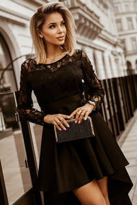 Udressshop Long Sleeve Lace High Low Satin Prom Evening Dress