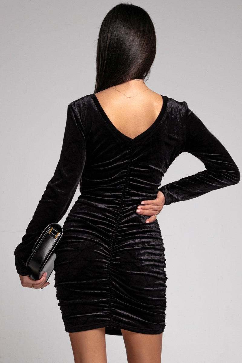 Udressshop Black Long Sleeve Ruched Velvet Dress