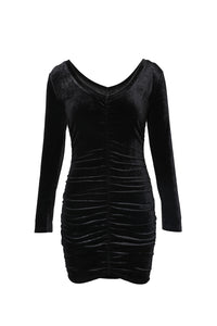 Udressshop Black Long Sleeve Ruched Velvet Dress