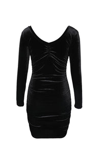 Udressshop Black Long Sleeve Ruched Velvet Dress