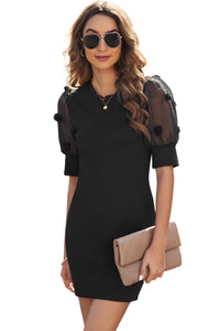 Udressshop Black Mesh Puff Sleeve Bodycon Mini Dress