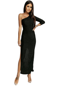 Udressshop Black One-shoulder Glitter Metallic Asymmetric Evening Long Dress