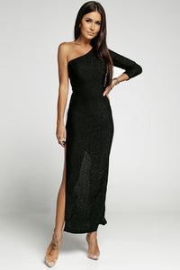 Udressshop Black One-shoulder Glitter Metallic Asymmetric Evening Long Dress