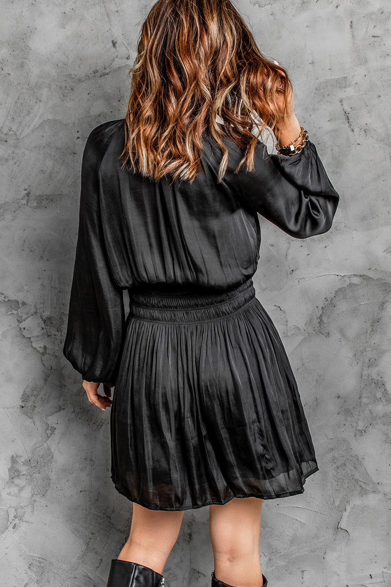 Udressshop Black Pleated Elastic High Waist Puff Sleeve Mini Dress