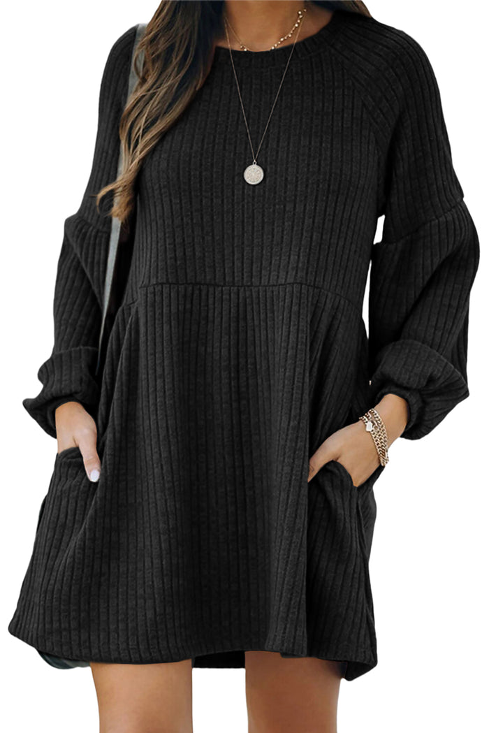 Udressshop Black Round Neck Empire Waist Ribbed Knit Dress