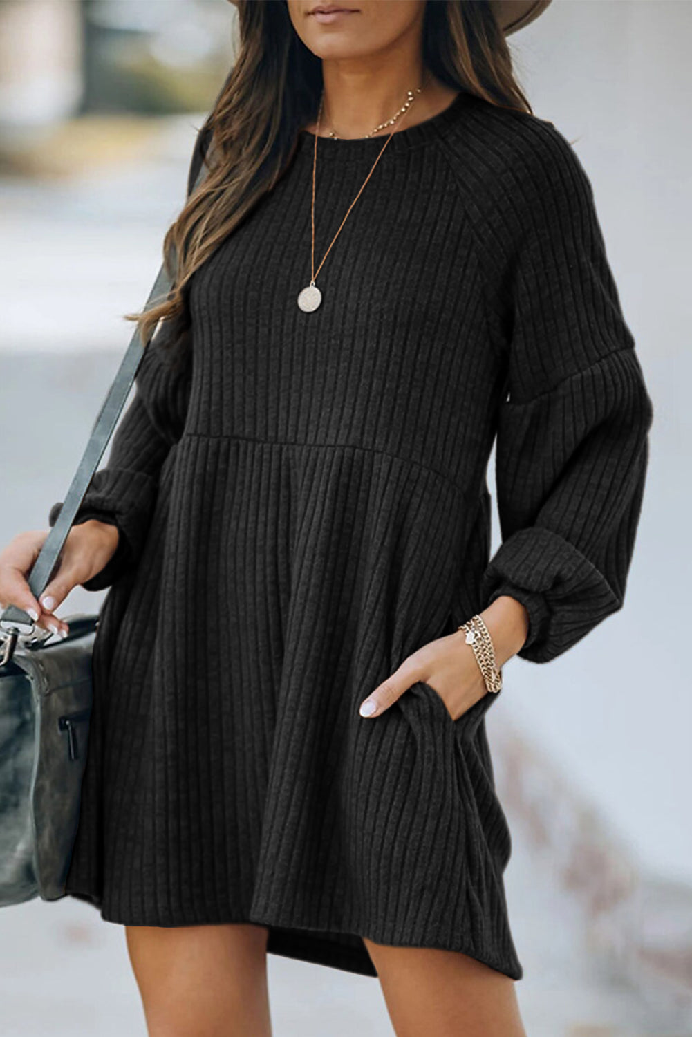 Udressshop Black Round Neck Empire Waist Ribbed Knit Dress