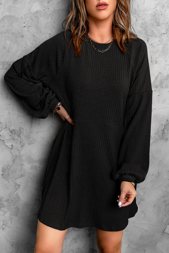 Udressshop Black Round Neck Empire Waist Ribbed Knit Dress