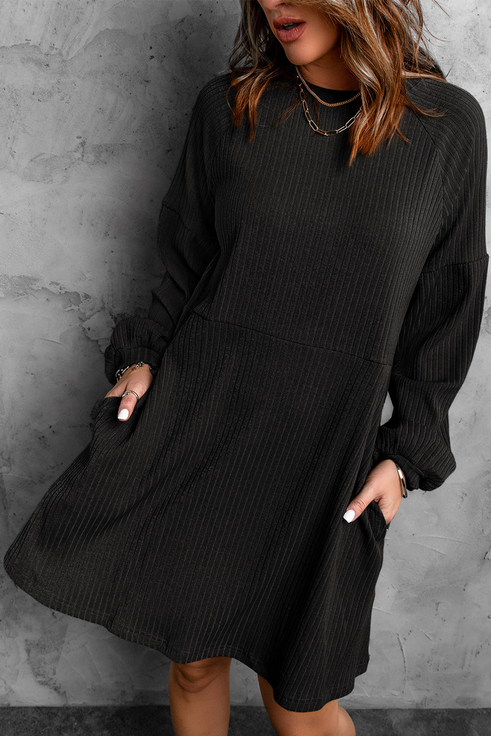 Udressshop Black Round Neck Empire Waist Ribbed Knit Dress