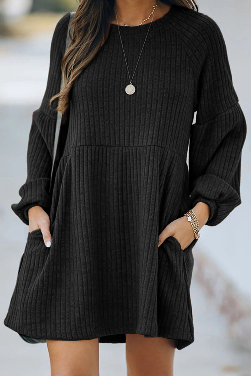 Udressshop Black Round Neck Empire Waist Ribbed Knit Dress