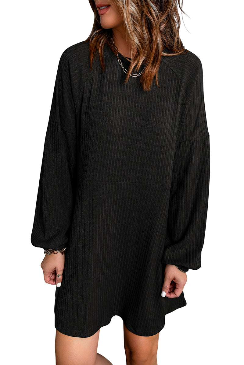 Udressshop Black Round Neck Empire Waist Ribbed Knit Dress