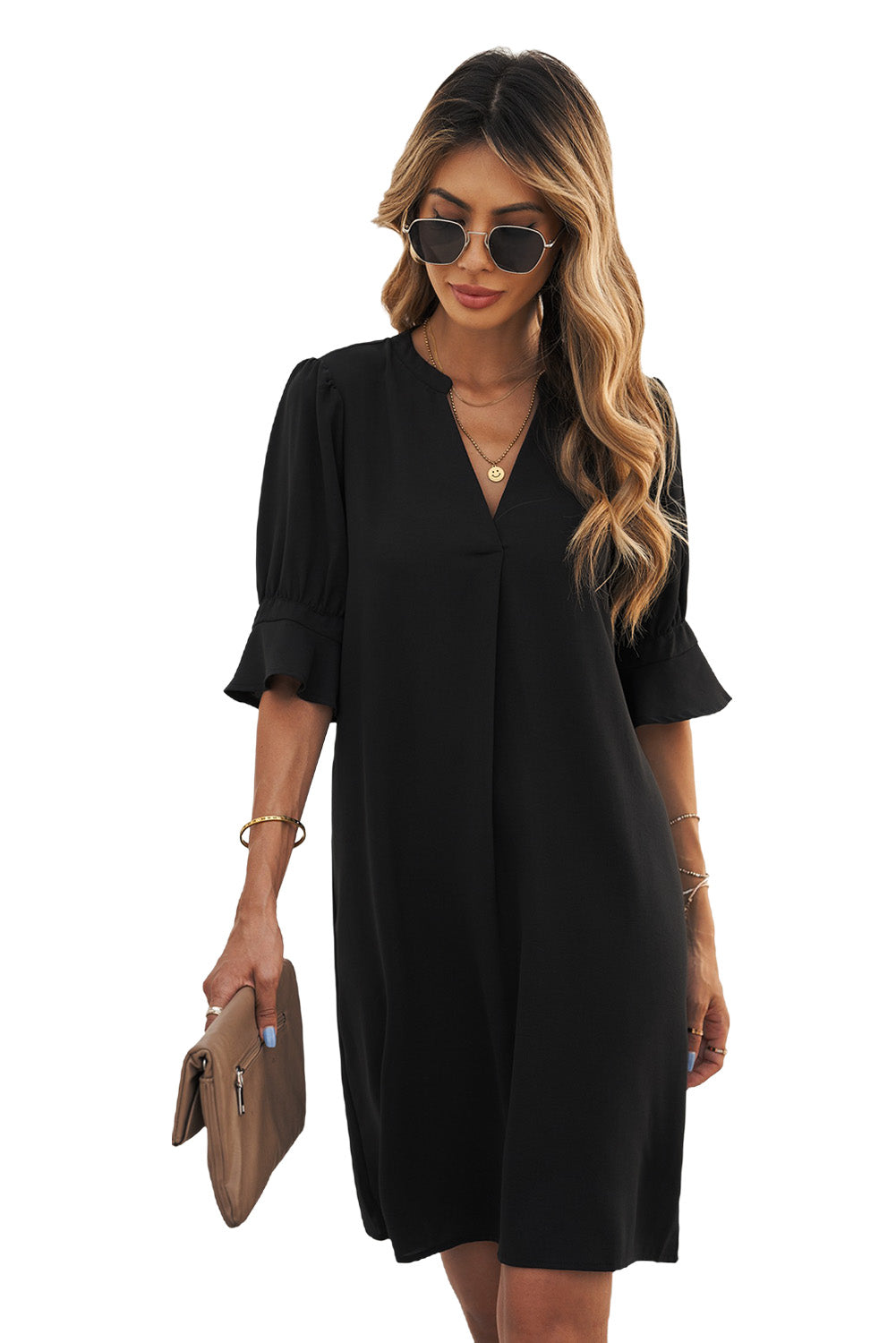 Udressshop Ruffled Sleeve Shift Mid Dress