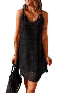 Udressshop Black Scalloped V Neck Lace Slip Mini Dress