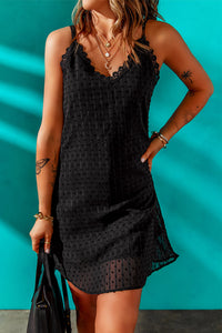 Udressshop Black Scalloped V Neck Lace Slip Mini Dress