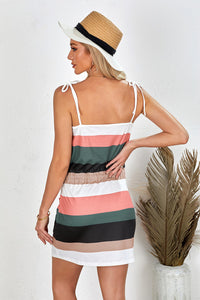 Udressshop Spaghetti Straps Striped Drawstring Waist Mid Dress