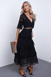 Udressshop Swiss Dot Print See-through Lace Patch Layered Long Dress