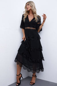 Udressshop Swiss Dot Print See-through Lace Patch Layered Long Dress