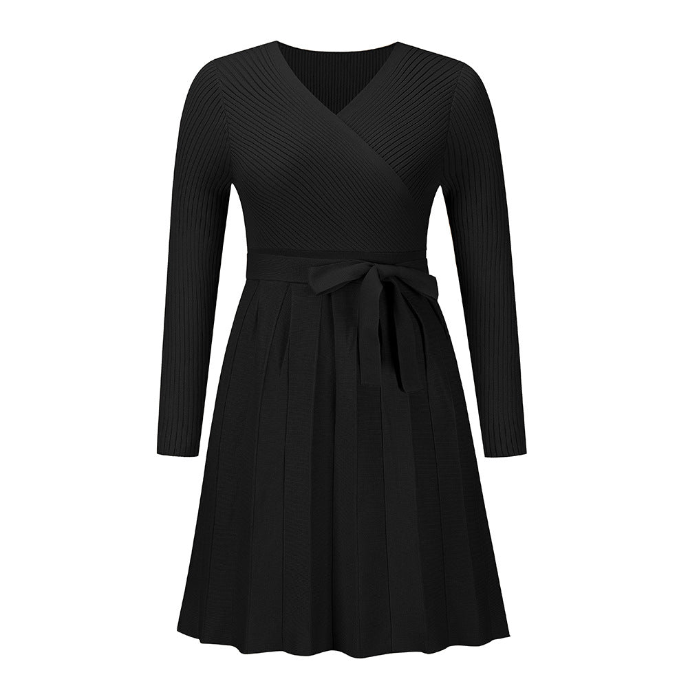 Women's Sweater Dress Sexy V-Neck Cross Pleated Knit Short A-Line Dress