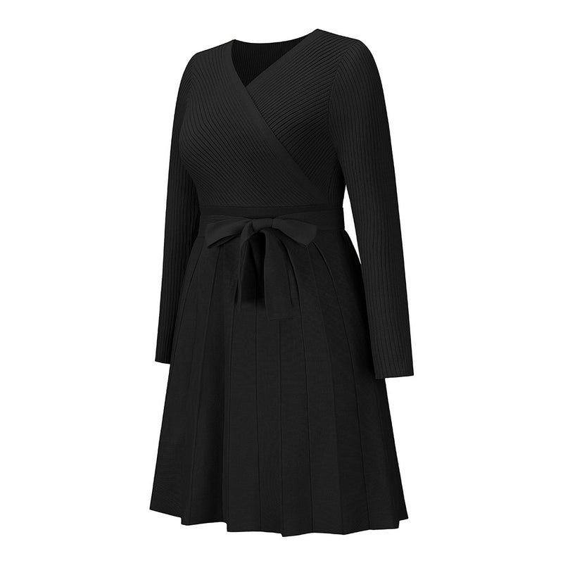 Women's Sweater Dress Sexy V-Neck Cross Pleated Knit Short A-Line Dress