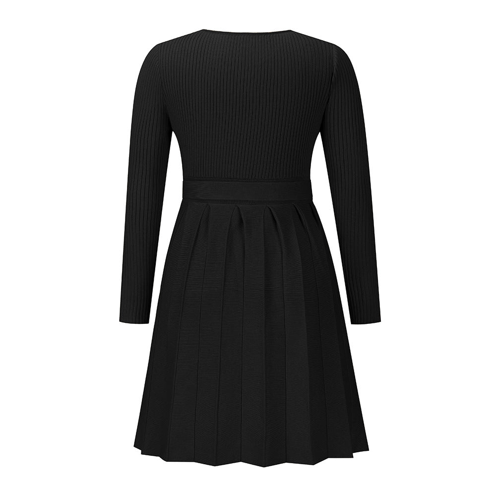 Women's Sweater Dress Sexy V-Neck Cross Pleated Knit Short A-Line Dress