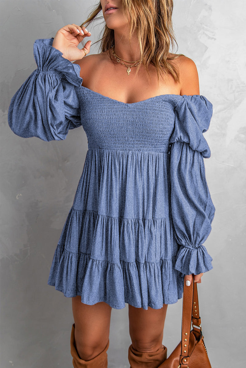 Udressshop Boho Solid Shirred Ruffle Mini Dress