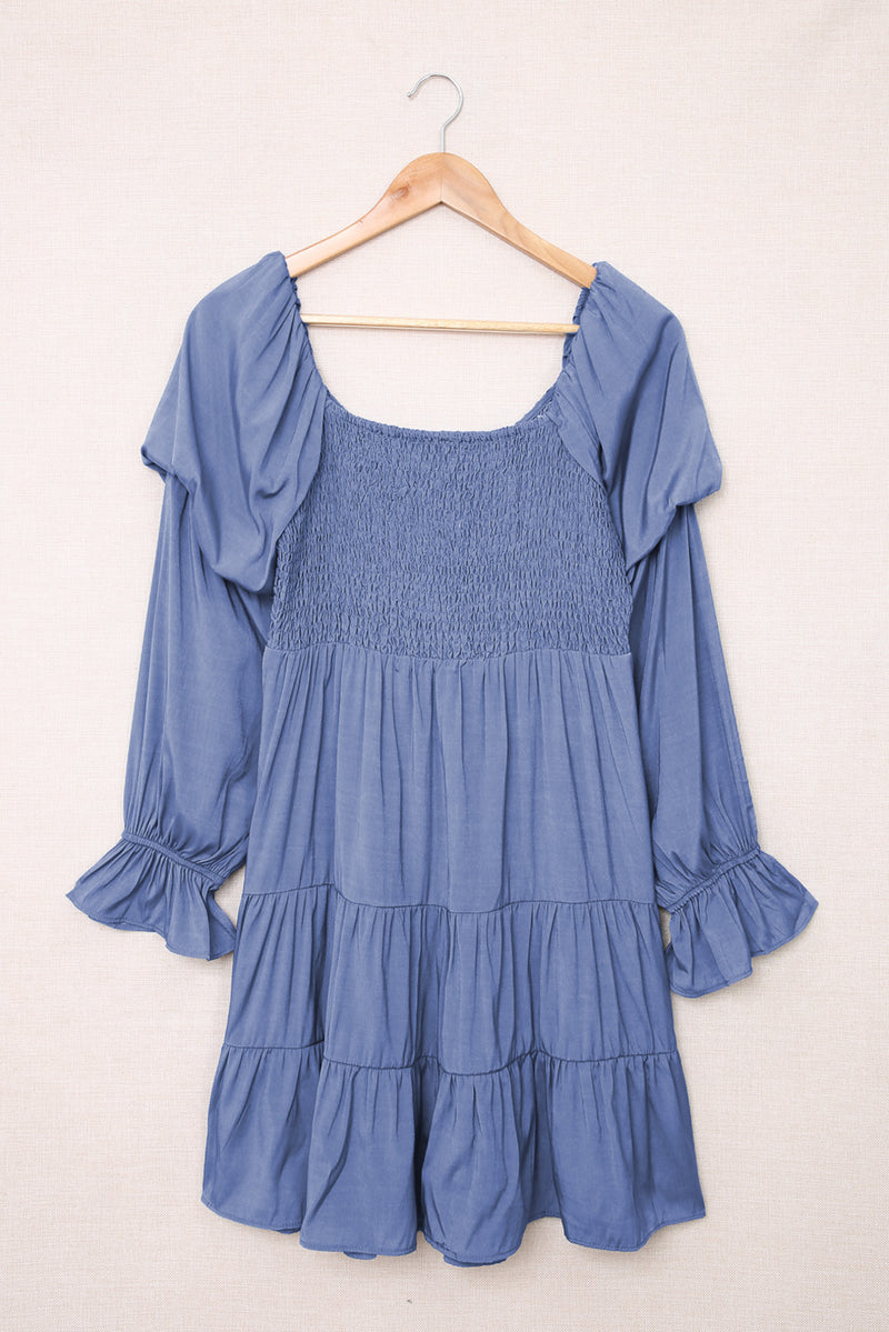 Udressshop Boho Solid Shirred Ruffle Mini Dress