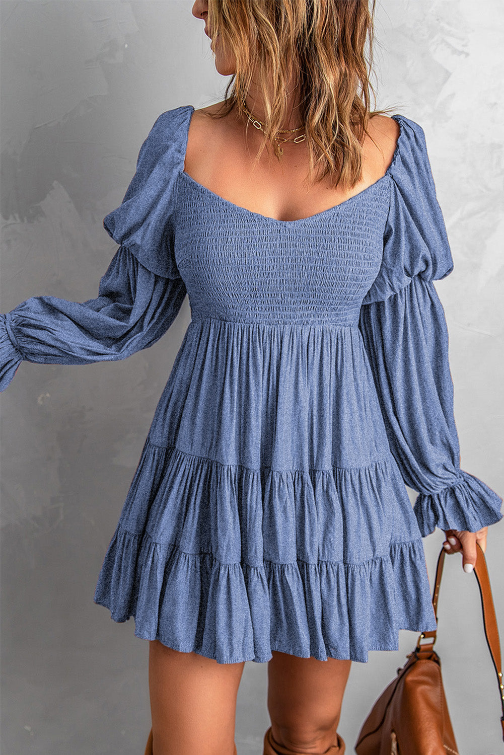 Udressshop Boho Solid Shirred Ruffle Mini Dress