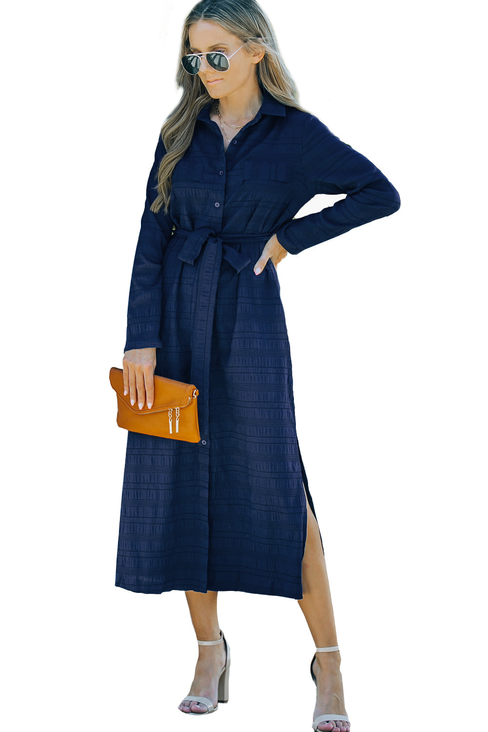 Udressshop Blue Crinkle Textured Long Sleeve Shirt Dress with Belt