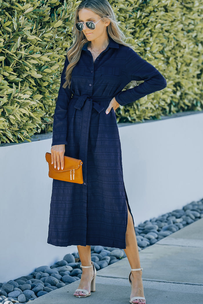 Udressshop Blue Crinkle Textured Long Sleeve Shirt Dress with Belt