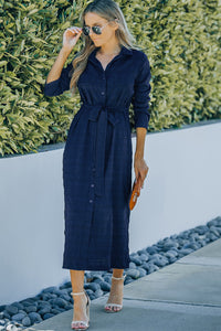 Udressshop Blue Crinkle Textured Long Sleeve Shirt Dress with Belt