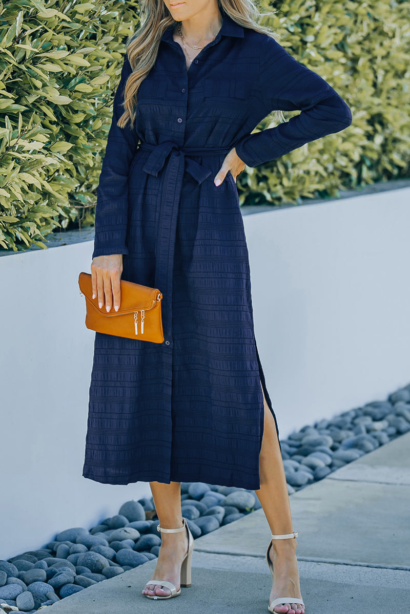 Udressshop Blue Crinkle Textured Long Sleeve Shirt Dress with Belt