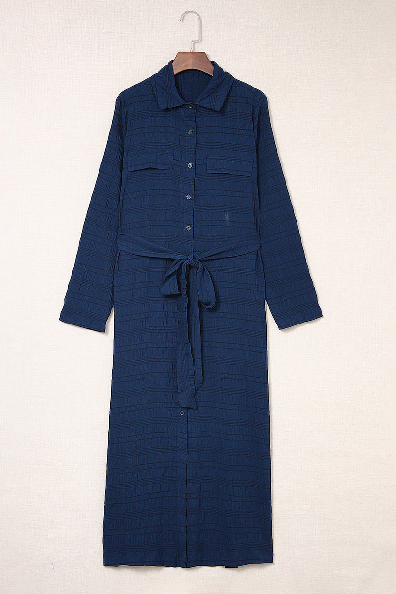 Udressshop Blue Crinkle Textured Long Sleeve Shirt Dress with Belt