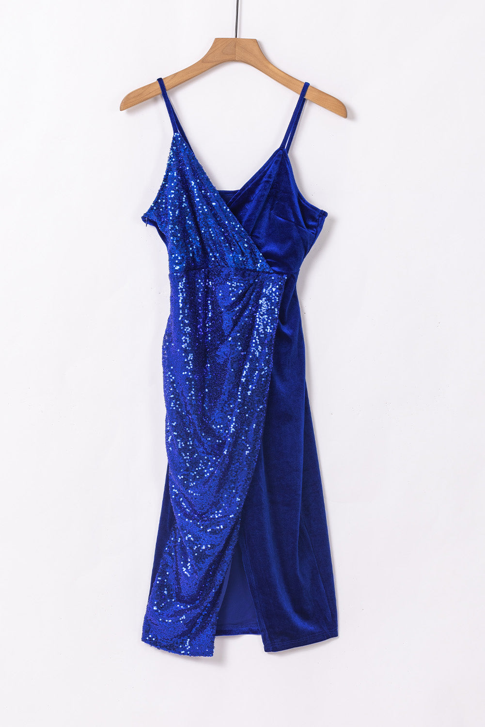 Udressshop Blue Deep V Neck Sequins Side Split Spaghetti Straps Midi Evening Dress