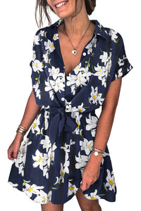 Udressshop Floral Shirt Collar Short Sleeve Mini Dress