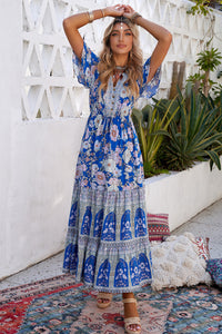 Udressshop Blue Floral Print Buttoned V Neck Drawstring High Waist Maxi Dress