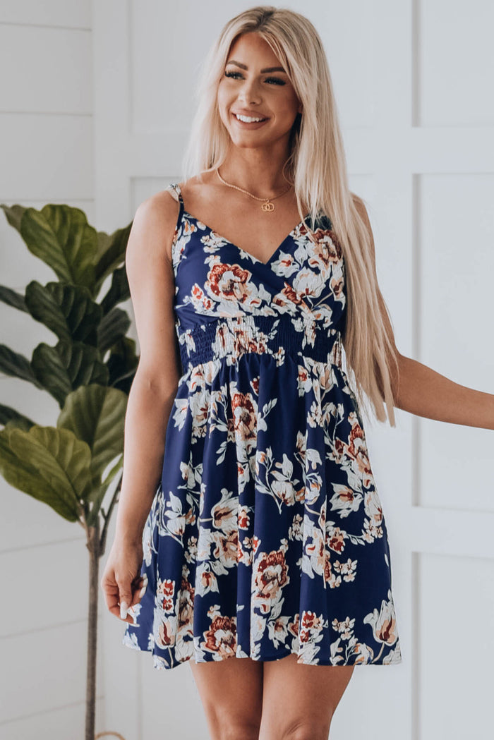 Udressshop Blue Floral Print Surplice V Neck Sleeveless Short Dress