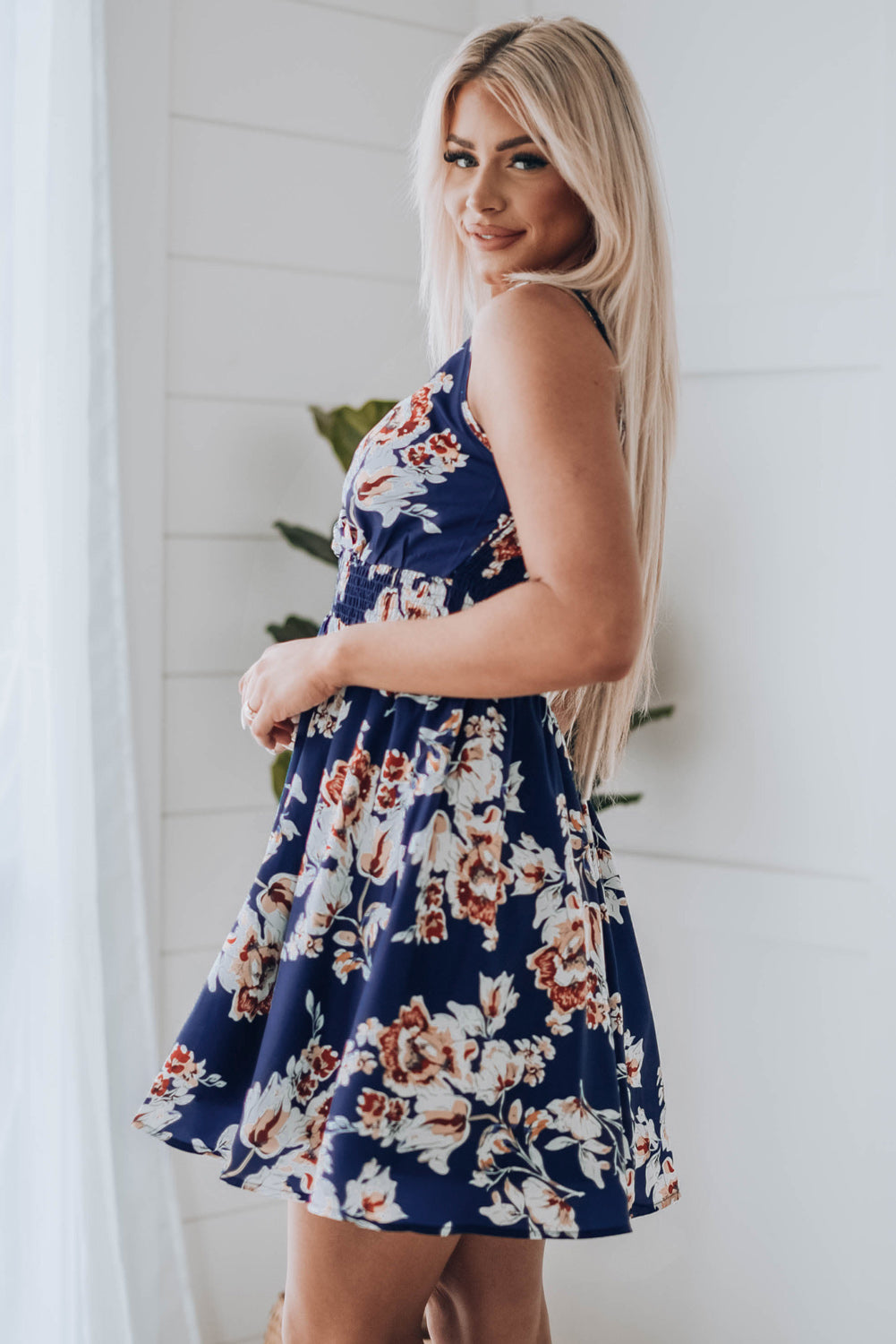 Udressshop Blue Floral Print Surplice V Neck Sleeveless Short Dress