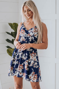 Udressshop Blue Floral Print Surplice V Neck Sleeveless Short Dress