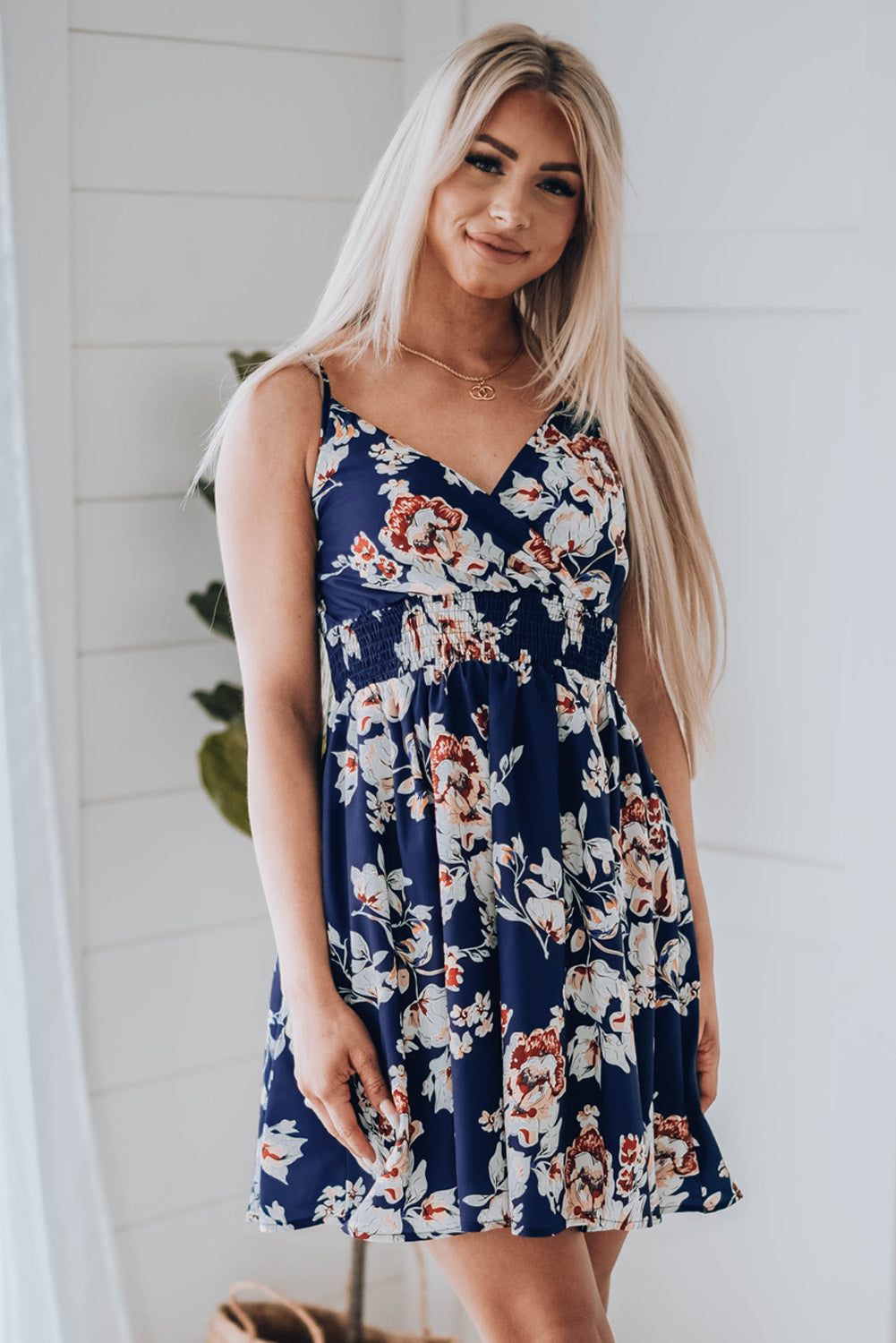 Udressshop Blue Floral Print Surplice V Neck Sleeveless Short Dress