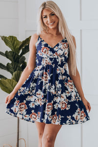 Udressshop Blue Floral Print Surplice V Neck Sleeveless Short Dress