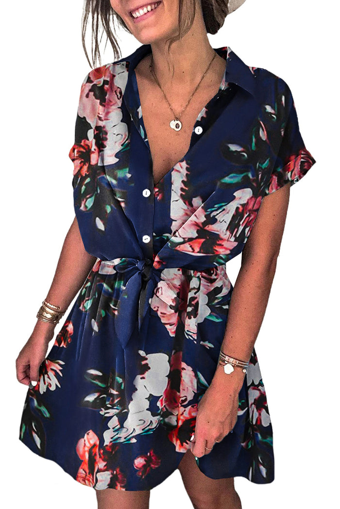 Udressshop Floral Shirt Collar Short Sleeve Mini Dress