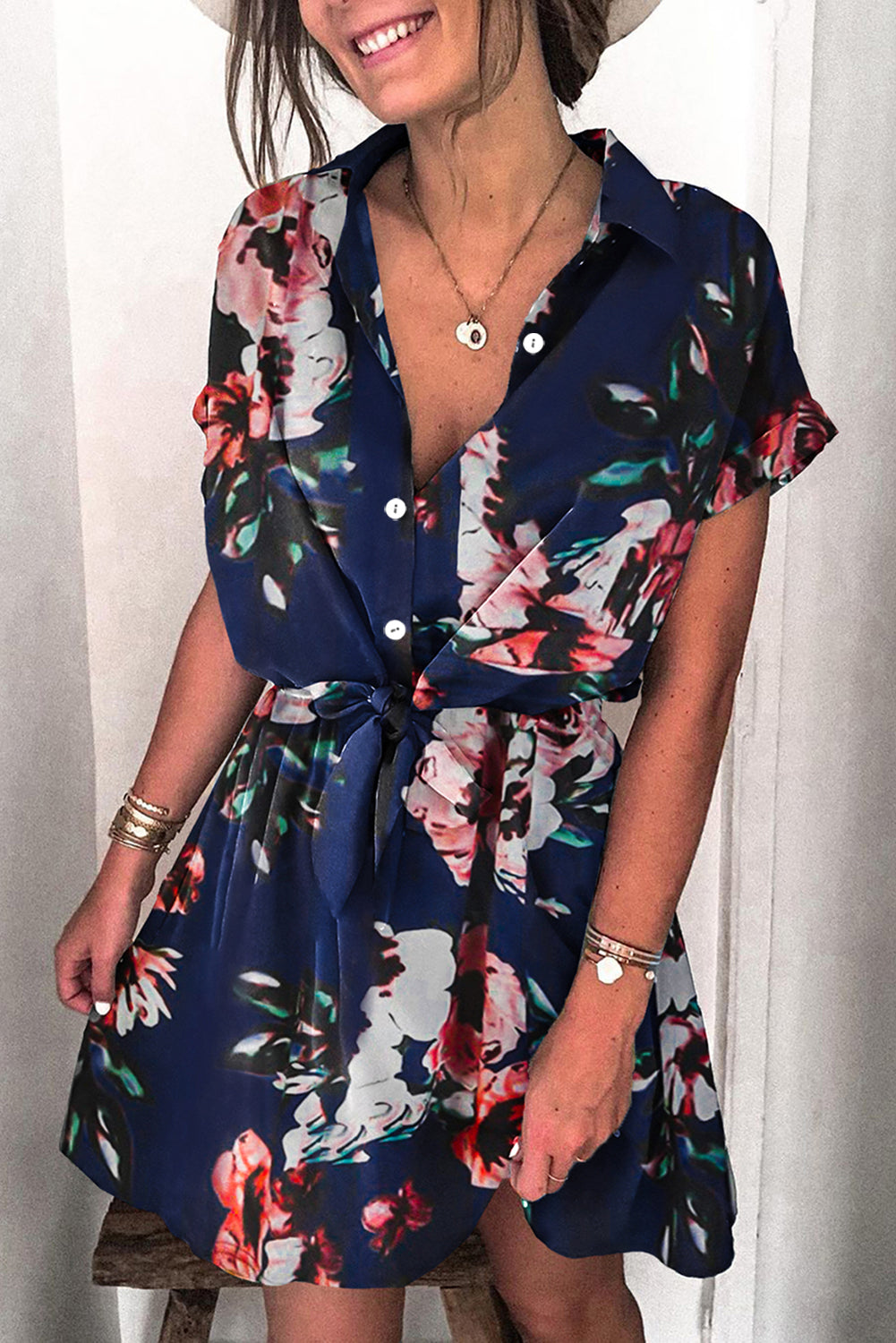 Udressshop Floral Shirt Collar Short Sleeve Mini Dress