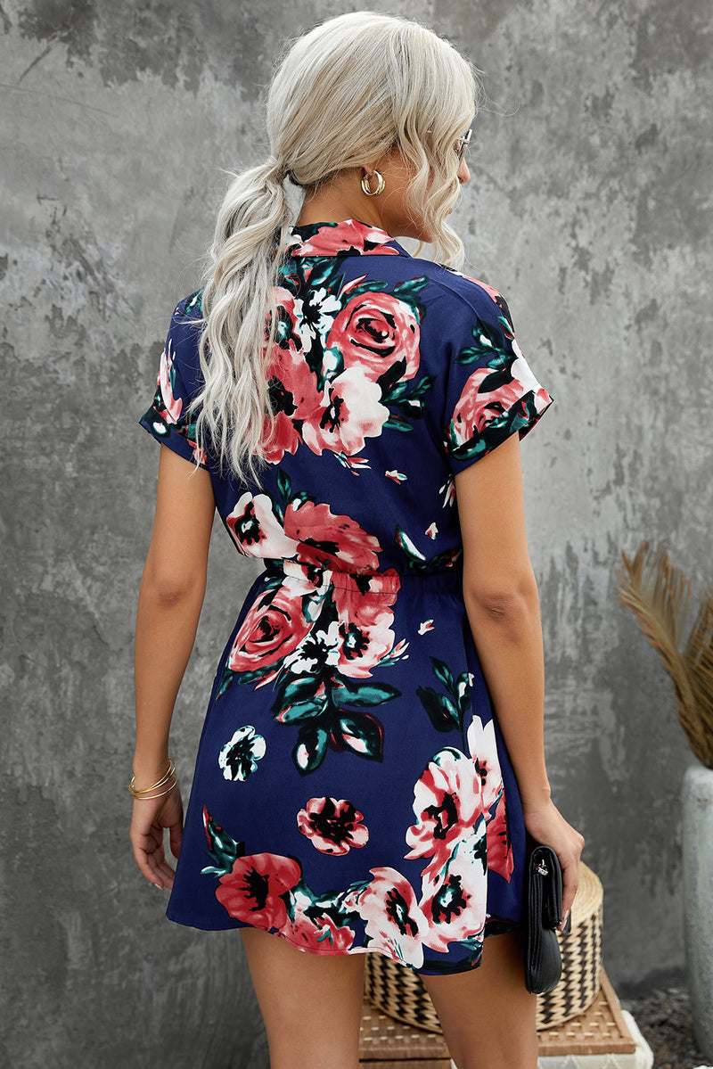 Udressshop Floral Shirt Collar Short Sleeve Mini Dress