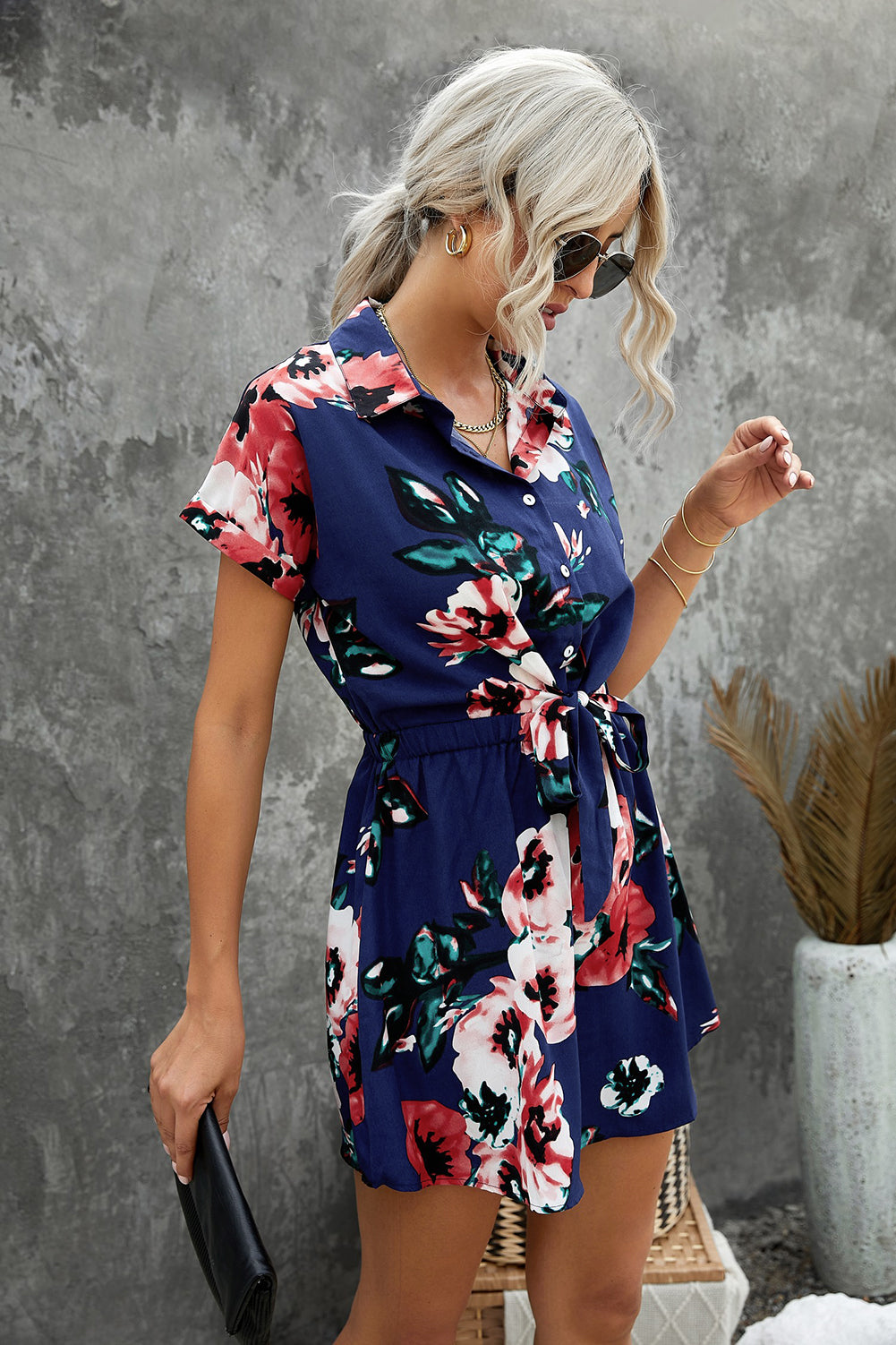 Udressshop Floral Shirt Collar Short Sleeve Mini Dress